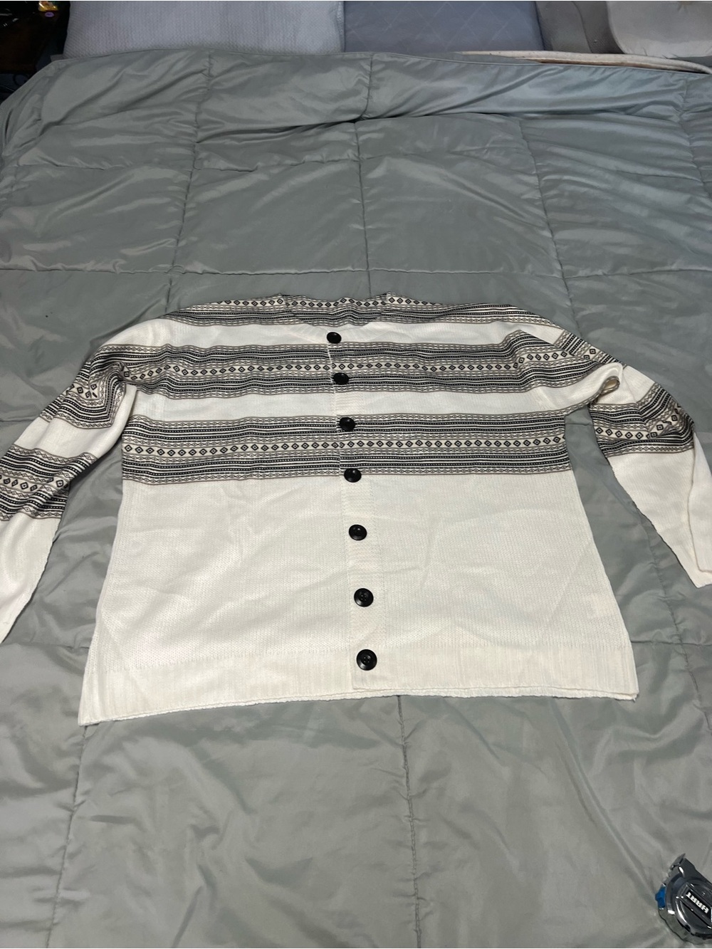 Men's Cream Button-Up Knit Sweater with Black Pattern